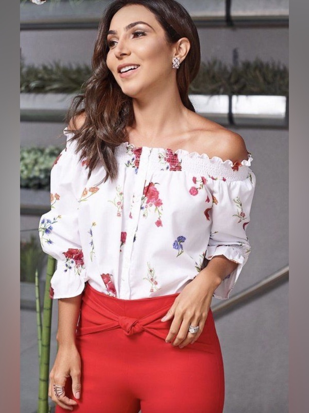 Cottagecore Floral Off Shoulder Puff Sleeve Peasant Blouse Top White Medium